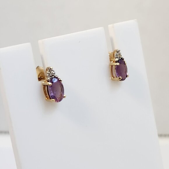 True VTG 80s 14K Solid Gold Natural Amethyst & Diamond Stud Earrings - Picture 14 of 15